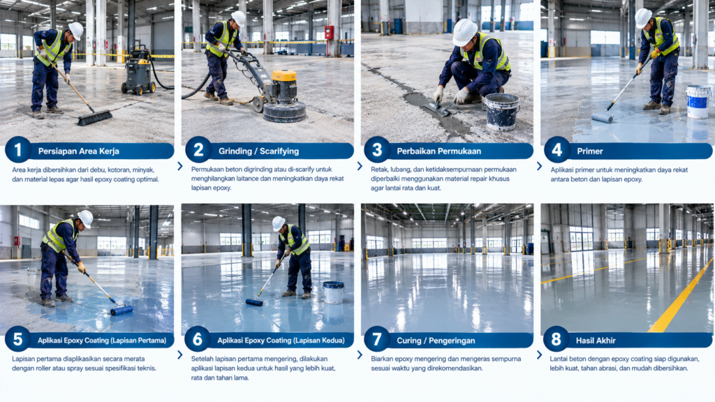 Epoxy Coating Adalah: Fungsi, Jenis, dan Penggunaannya 1 Tahapan aplikasi epoxy coating pada lantai beton mulai dari persiapan hingga curing