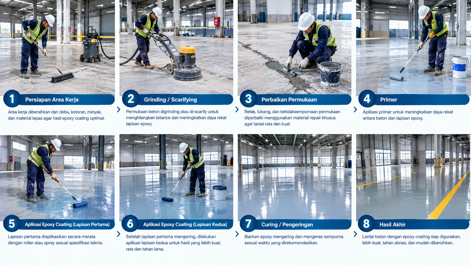 Tahapan aplikasi epoxy coating pada lantai beton mulai dari persiapan hingga curing