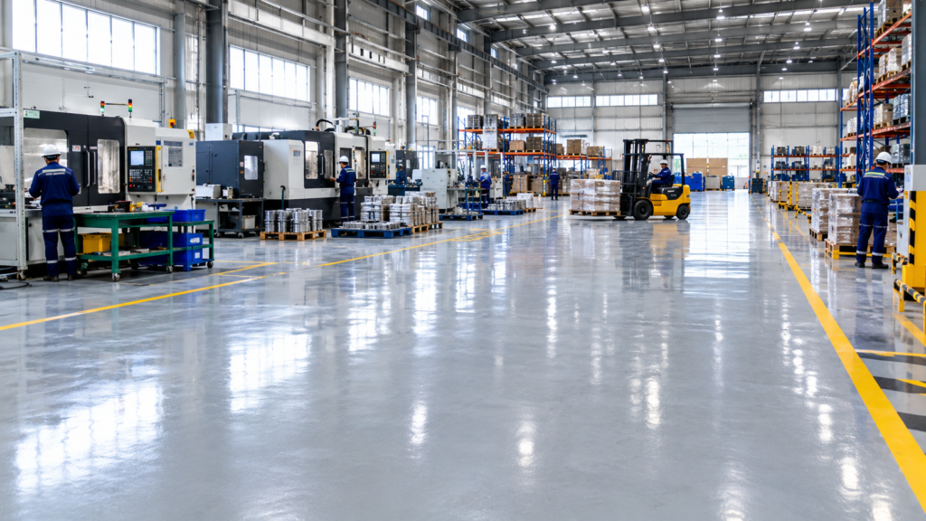 Berapa Lama Lantai Epoxy Bertahan di Pabrik 1 Lantai epoxy pabrik dengan permukaan industri yang rapi dan tahan aktivitas operasional di area gudang.