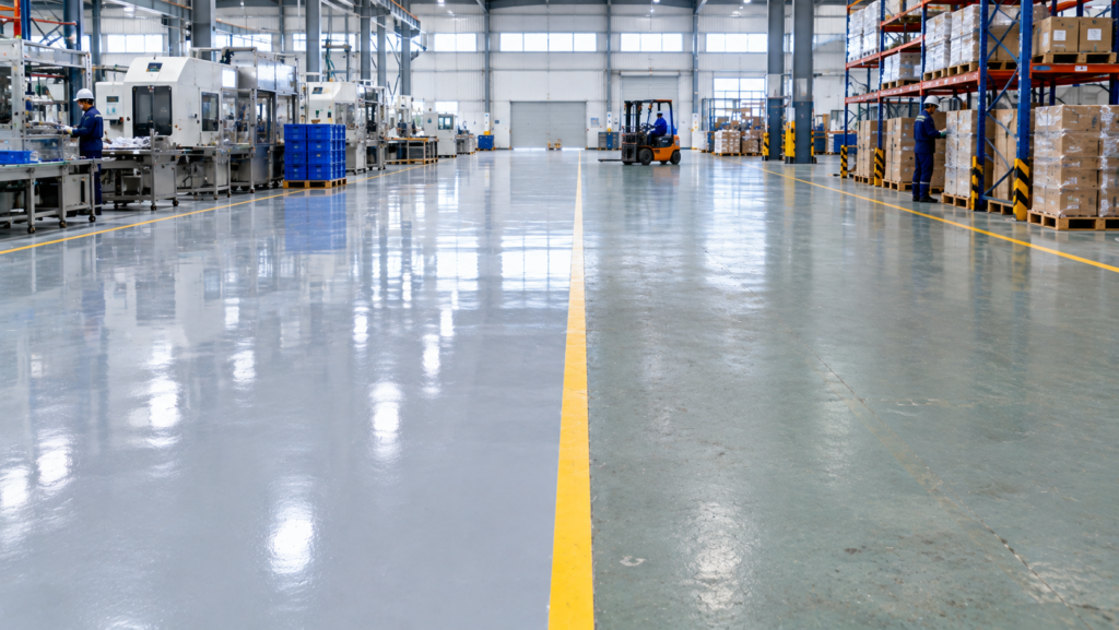 Perbedaan Epoxy dan Cat Lantai untuk Industri 1 Perbandingan permukaan lantai epoxy dan cat lantai pada lingkungan industri dengan aktivitas produksi dan gudang.