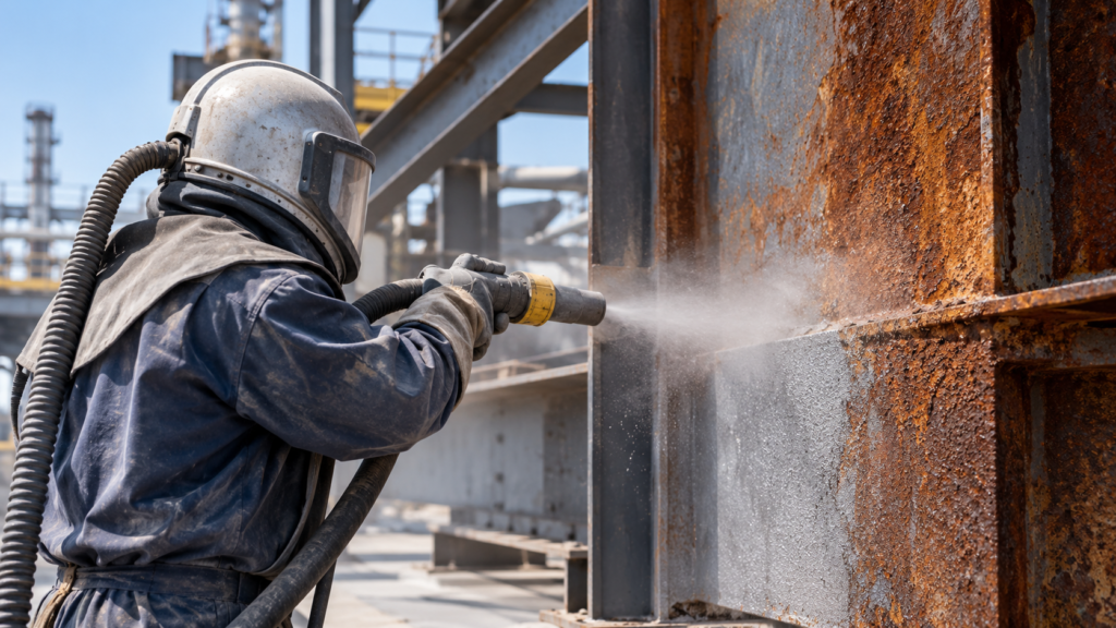 Sandblasting Besi Karat untuk Struktur Baja 1 sandblasting besi karat