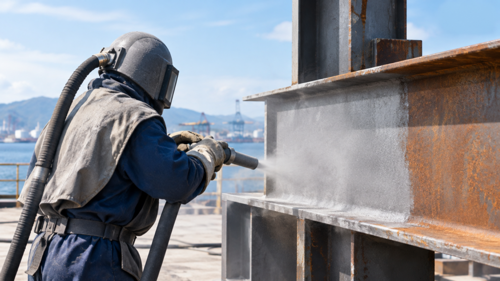 Proses sandblasting baja untuk kebutuhan industri di Cilegon